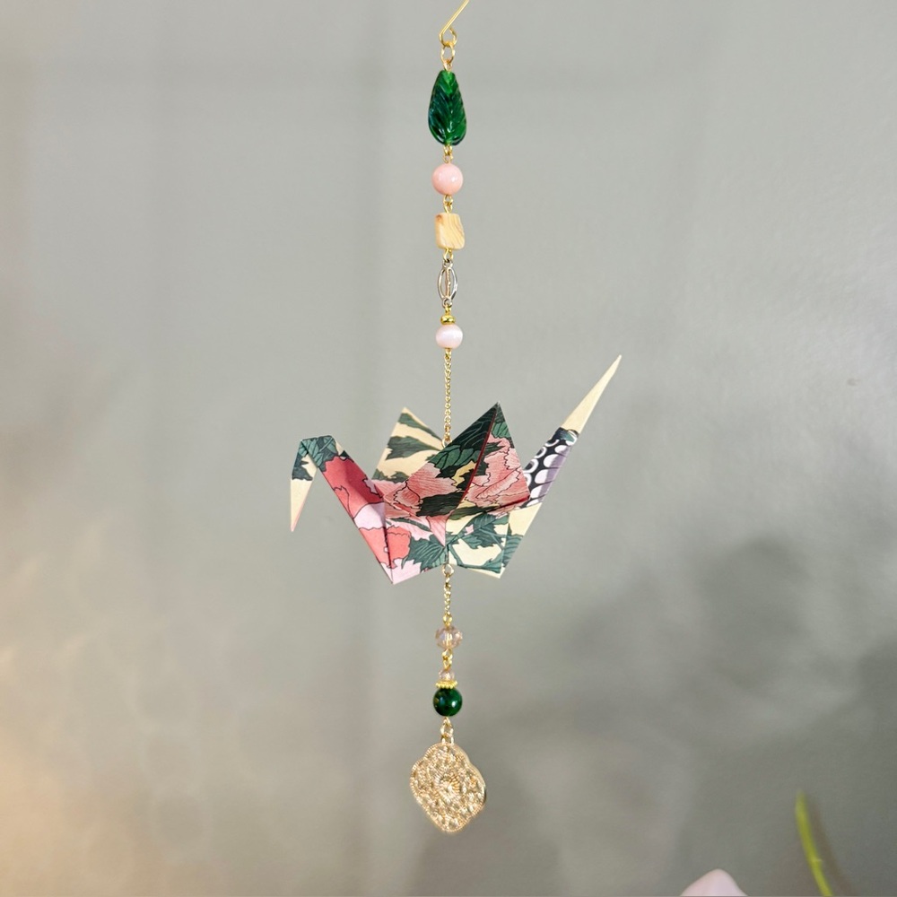 Origami Ornament #2418 - Large Crane with Repurposed Pendant